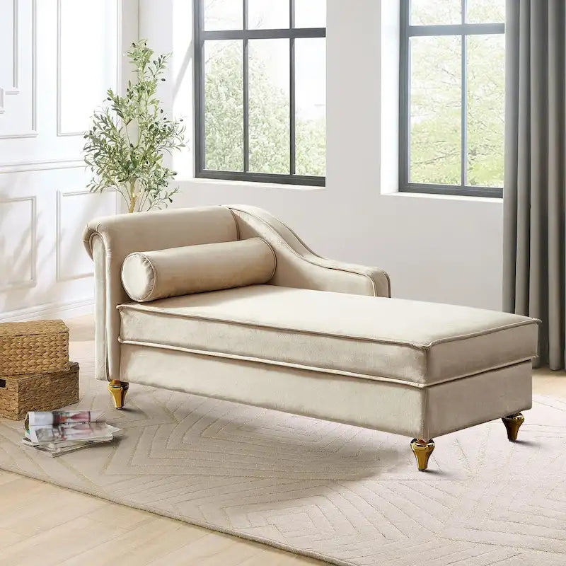 Méridienne de rangement en velours avec pieds en métal doré et coussin décoratif