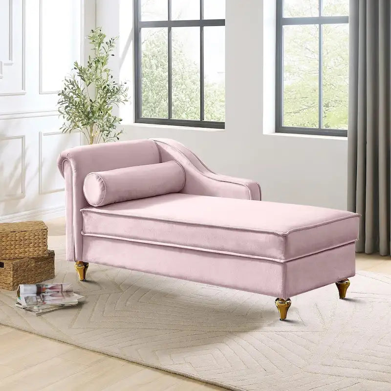 Méridienne de rangement en velours avec pieds en métal doré et coussin décoratif