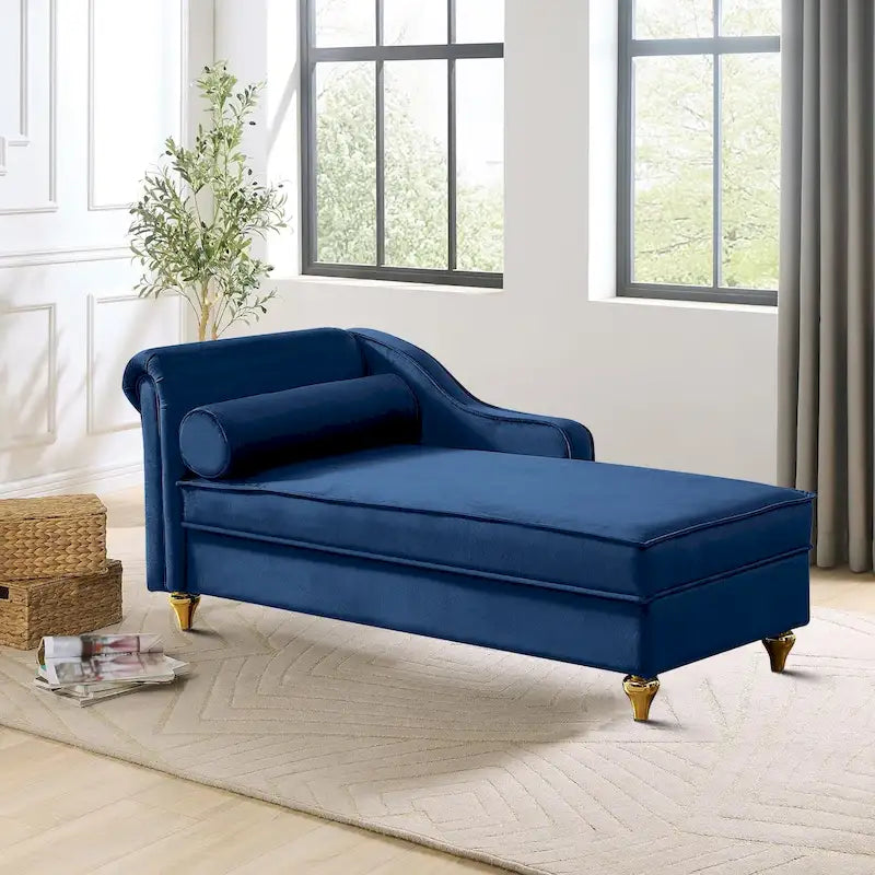 Méridienne de rangement en velours avec pieds en métal doré et coussin décoratif