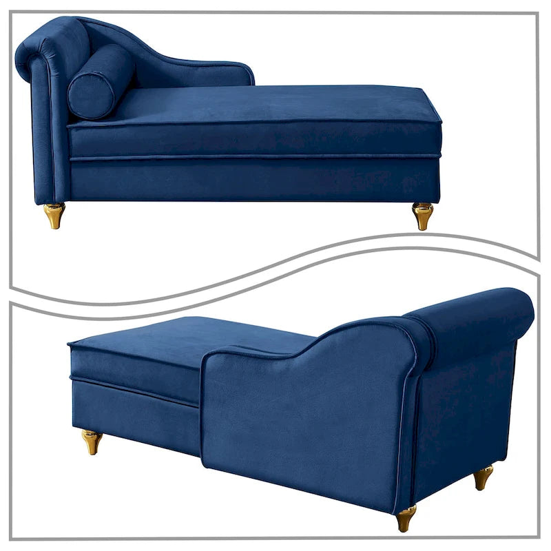 Méridienne de rangement en velours avec pieds en métal doré et coussin décoratif