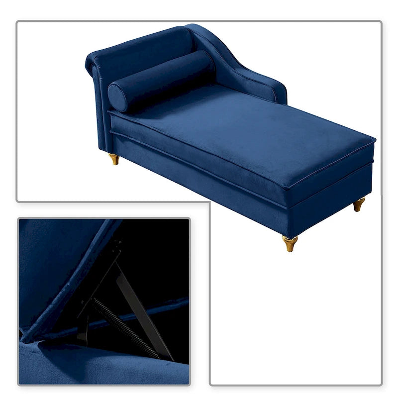 Méridienne de rangement en velours avec pieds en métal doré et coussin décoratif