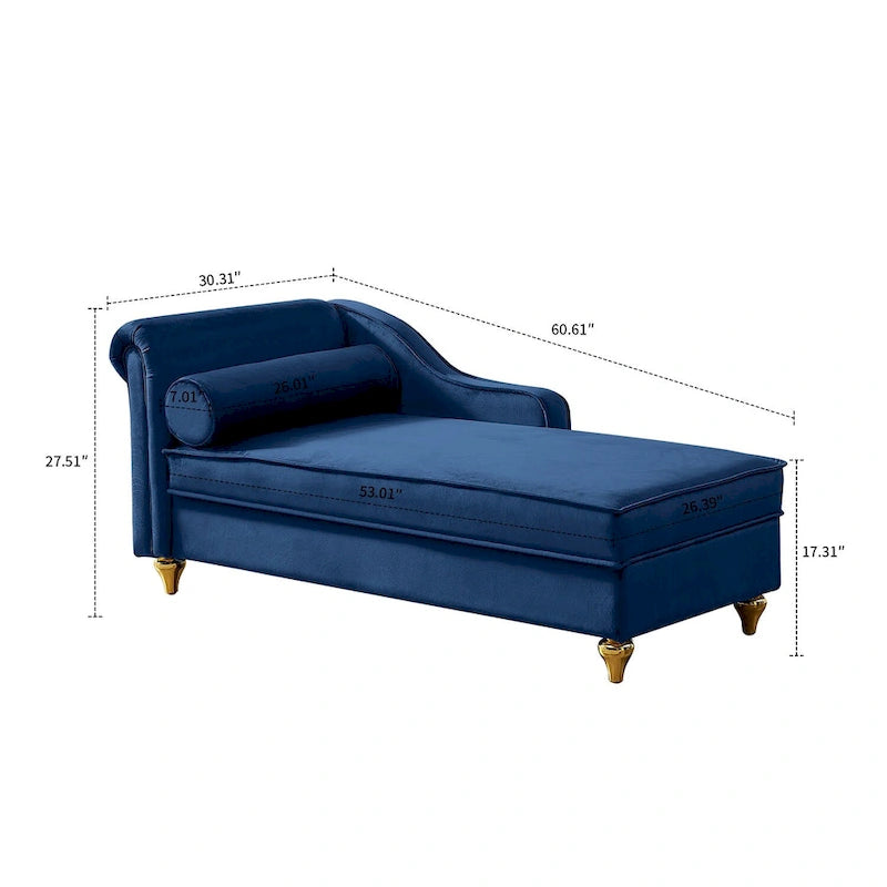 Méridienne de rangement en velours avec pieds en métal doré et coussin décoratif
