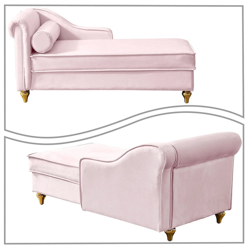 Méridienne de rangement en velours avec pieds en métal doré et coussin décoratif