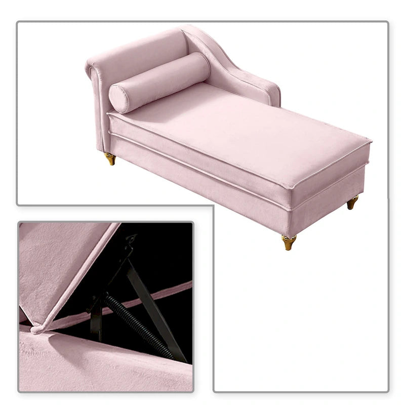 Méridienne de rangement en velours avec pieds en métal doré et coussin décoratif