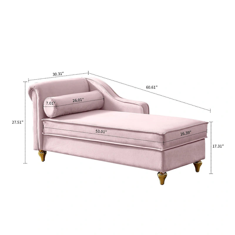 Méridienne de rangement en velours avec pieds en métal doré et coussin décoratif