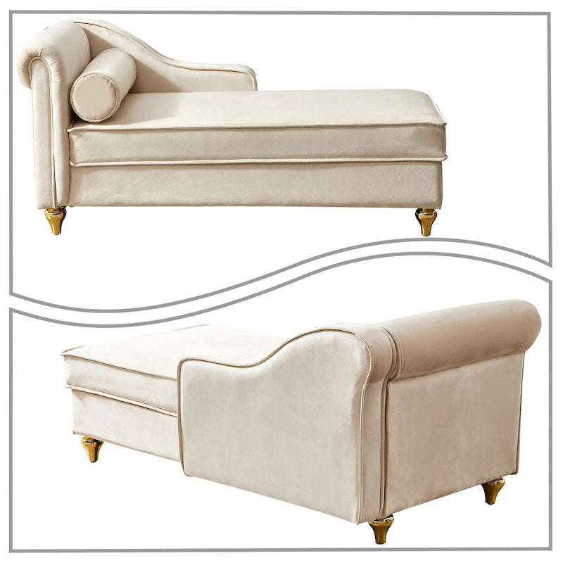 Méridienne de rangement en velours avec pieds en métal doré et coussin décoratif