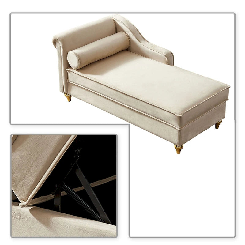 Méridienne de rangement en velours avec pieds en métal doré et coussin décoratif
