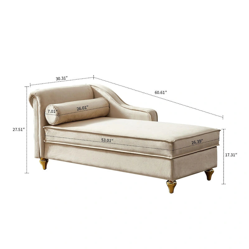 Méridienne de rangement en velours avec pieds en métal doré et coussin décoratif