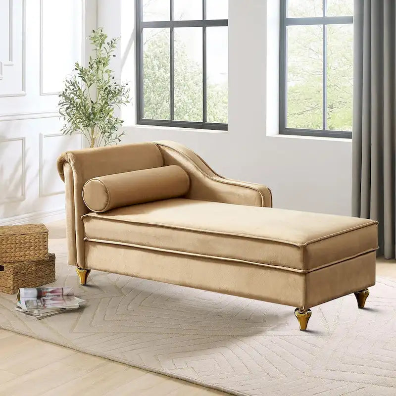 Méridienne de rangement en velours avec pieds en métal doré et coussin décoratif
