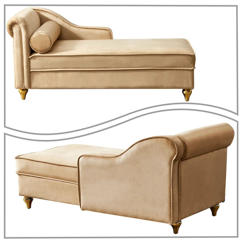 Méridienne de rangement en velours avec pieds en métal doré et coussin décoratif