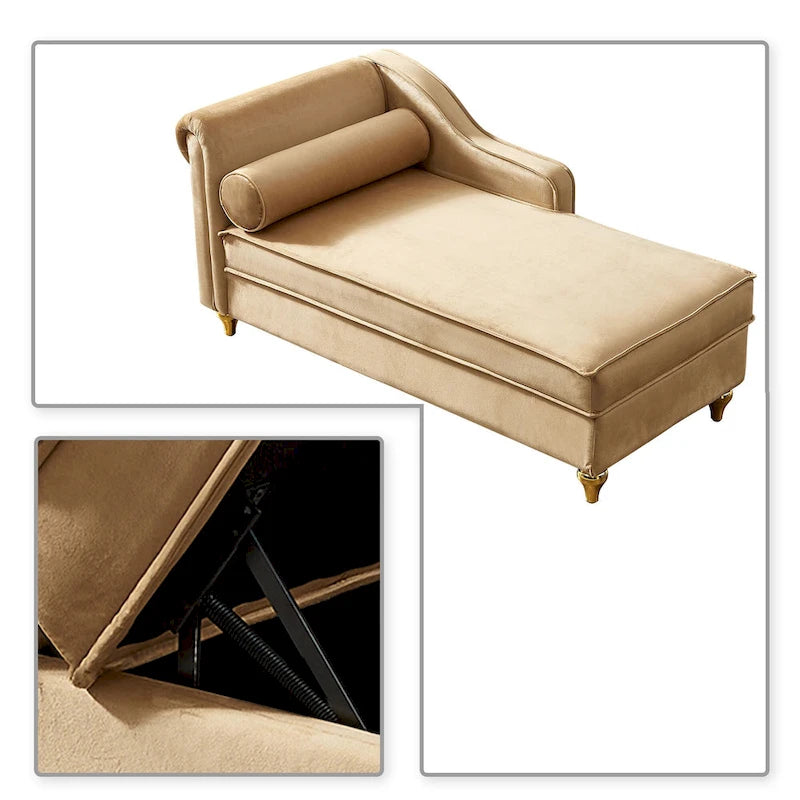 Méridienne de rangement en velours avec pieds en métal doré et coussin décoratif