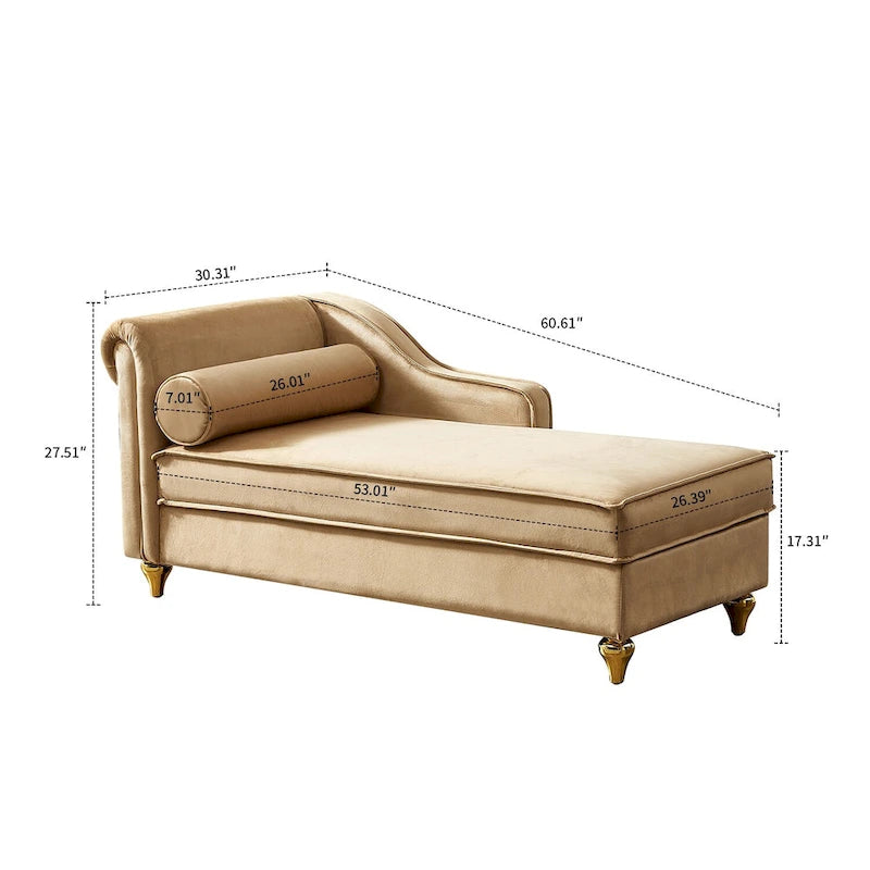 Méridienne de rangement en velours avec pieds en métal doré et coussin décoratif
