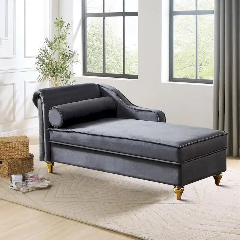 Méridienne de rangement en velours avec pieds en métal doré et coussin décoratif