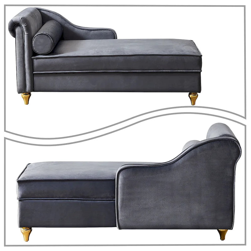 Méridienne de rangement en velours avec pieds en métal doré et coussin décoratif