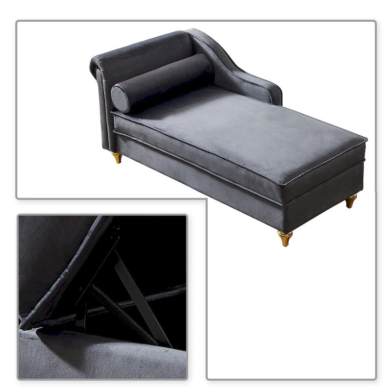 Méridienne de rangement en velours avec pieds en métal doré et coussin décoratif