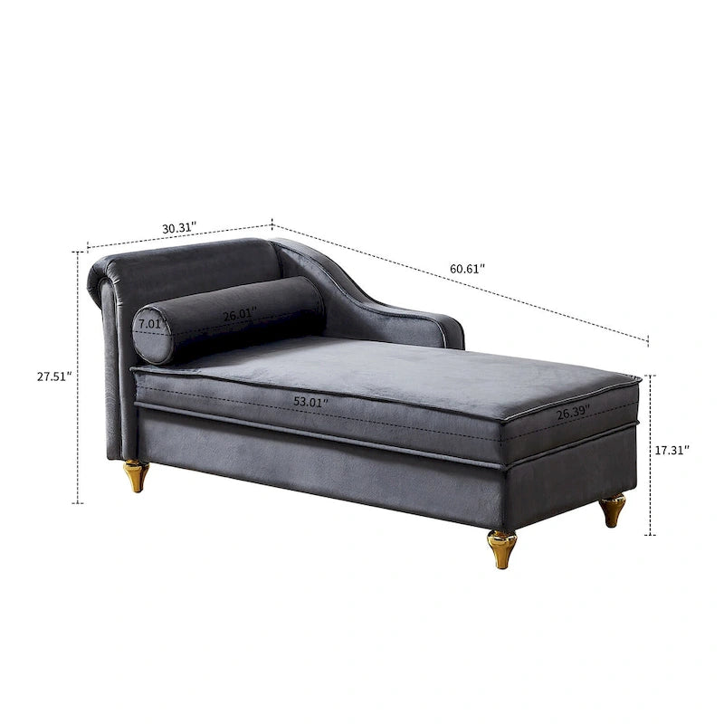 Méridienne de rangement en velours avec pieds en métal doré et coussin décoratif