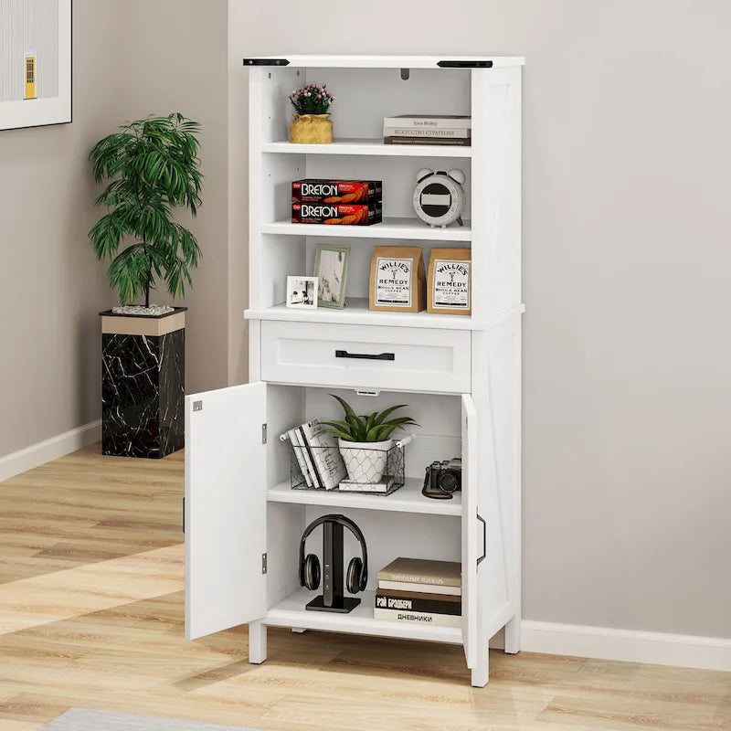 Armoire de rangement de 145 cm de haut | 3 étagères ouvertes + tiroir + porte | Salle de bain et multi-pièces | Blanc et marron