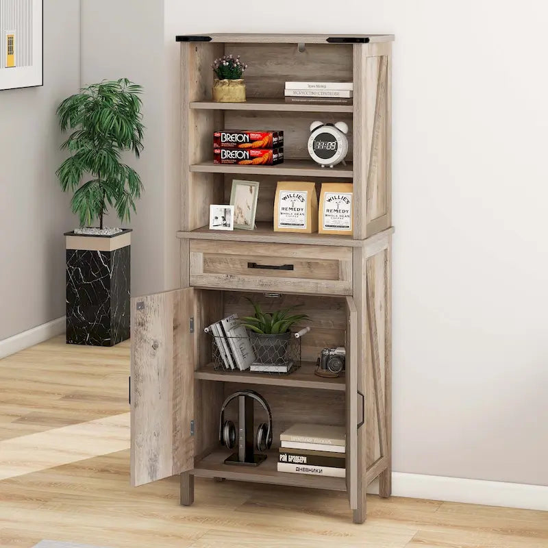 Armoire de rangement de 145 cm de haut | 3 étagères ouvertes + tiroir + porte | Salle de bain et multi-pièces | Blanc et marron