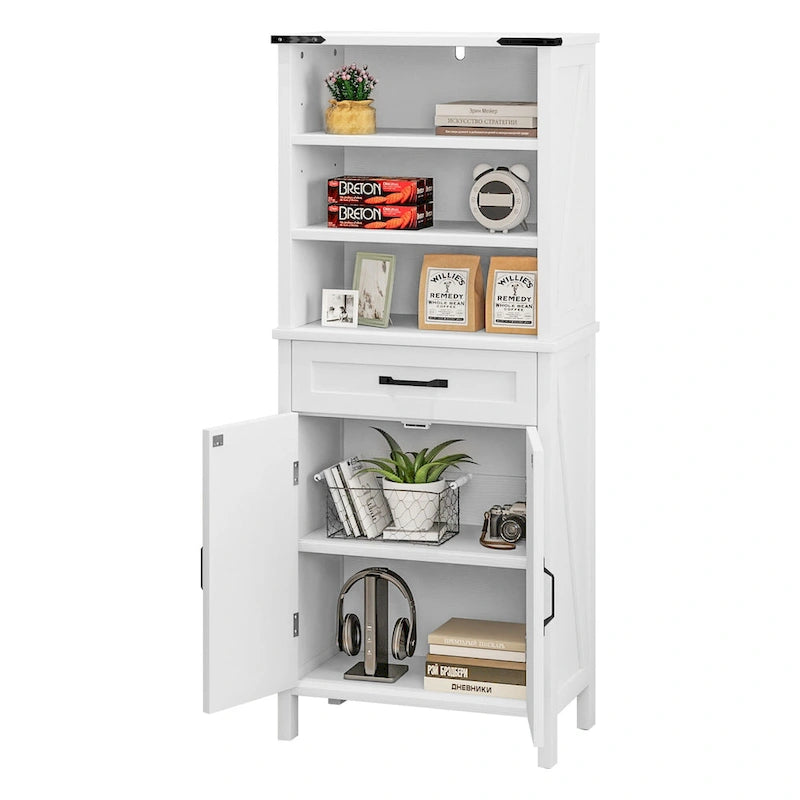 Armoire de rangement de 145 cm de haut | 3 étagères ouvertes + tiroir + porte | Salle de bain et multi-pièces | Blanc et marron