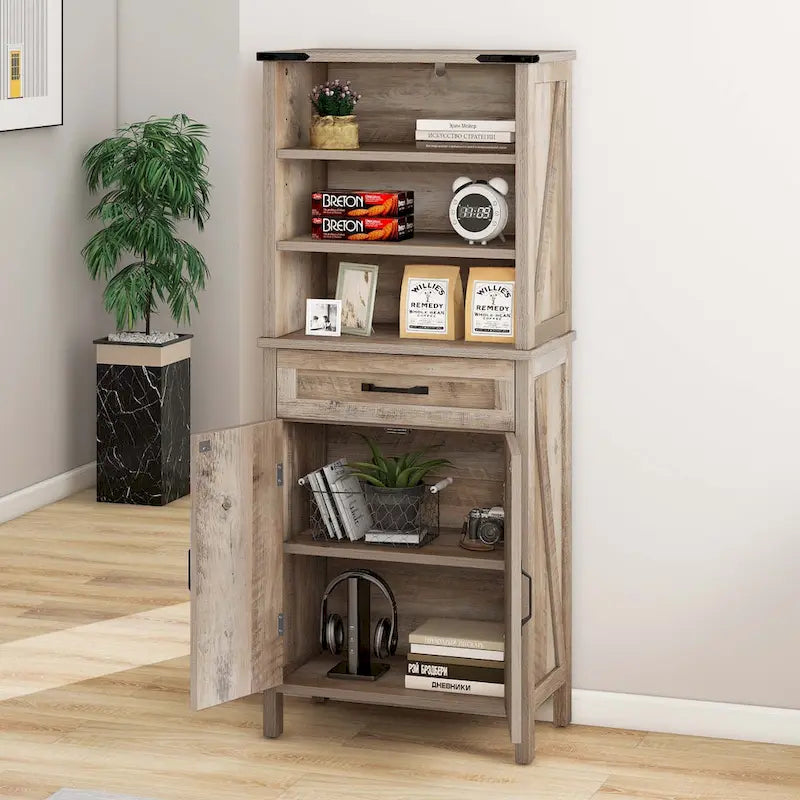 Armoire de rangement de 145 cm de haut | 3 étagères ouvertes + tiroir + porte | Salle de bain et multi-pièces | Blanc et marron