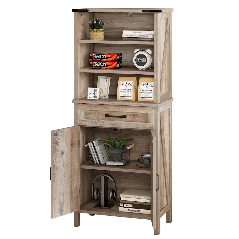 Armoire de rangement de 145 cm de haut | 3 étagères ouvertes + tiroir + porte | Salle de bain et multi-pièces | Blanc et marron