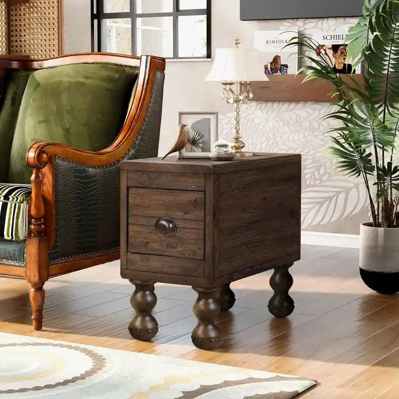 Table d'appoint rustique en bois massif avec tiroir de rangement