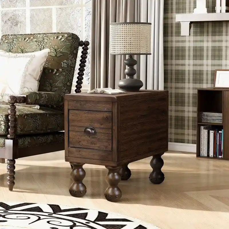 Table d'appoint rustique en bois massif avec tiroir de rangement