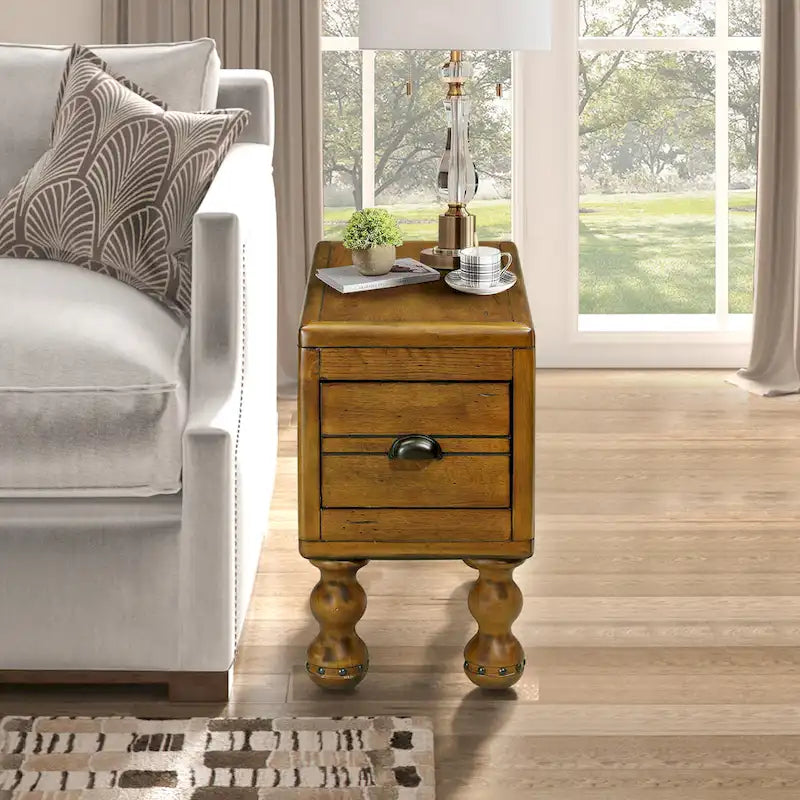 Table d'appoint rustique en bois massif avec tiroir de rangement