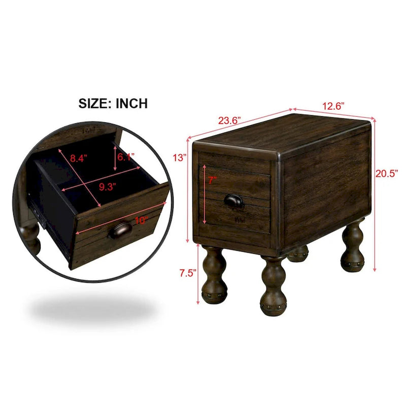 Table d'appoint rustique en bois massif avec tiroir de rangement