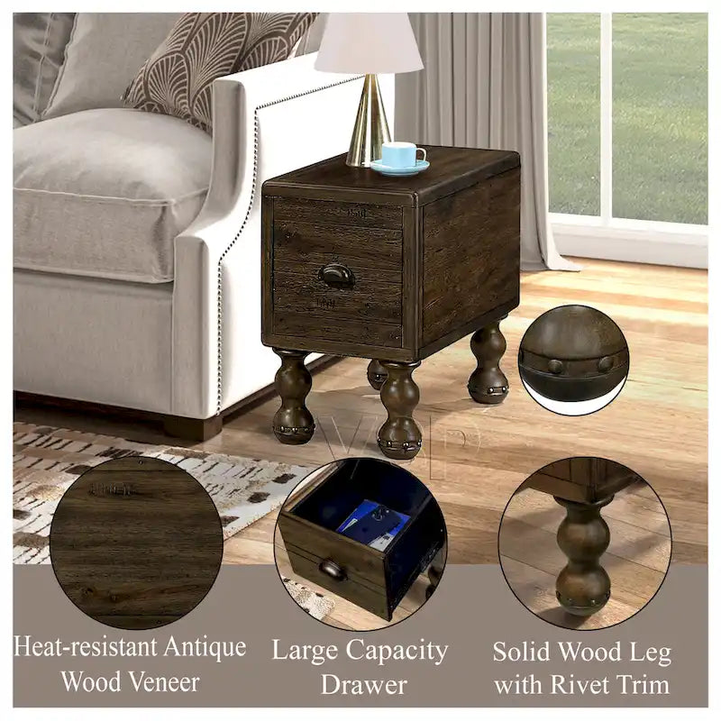 Table d'appoint rustique en bois massif avec tiroir de rangement
