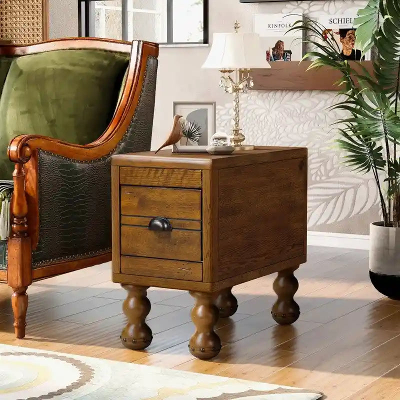 Table d'appoint rustique en bois massif avec tiroir de rangement