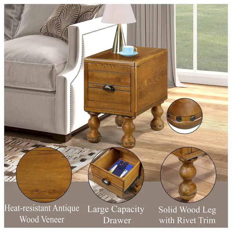 Table d'appoint rustique en bois massif avec tiroir de rangement
