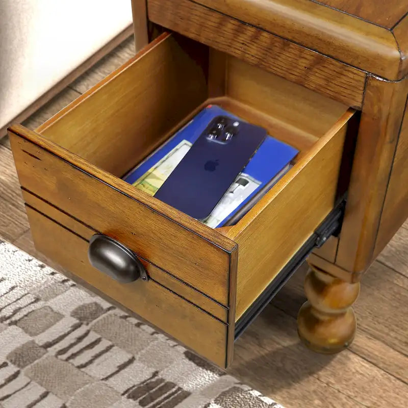 Table d'appoint rustique en bois massif avec tiroir de rangement
