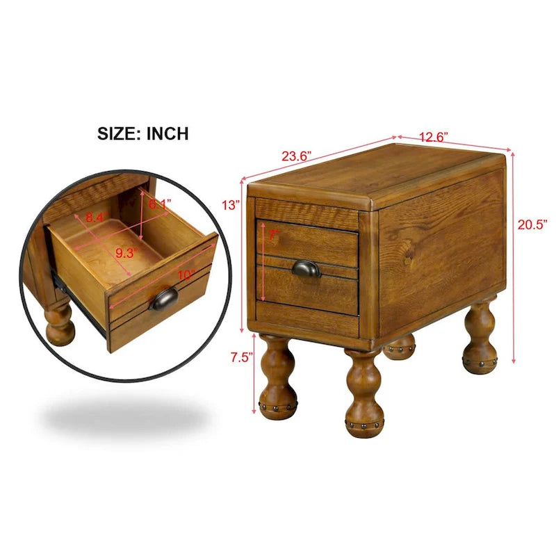 Table d'appoint rustique en bois massif avec tiroir de rangement