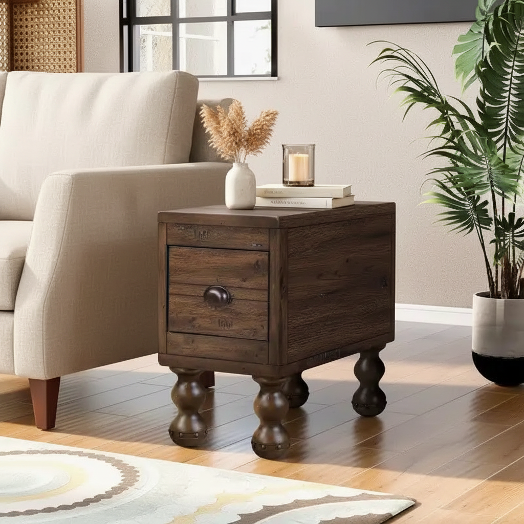Rustic End Table in Cozy Living Room
