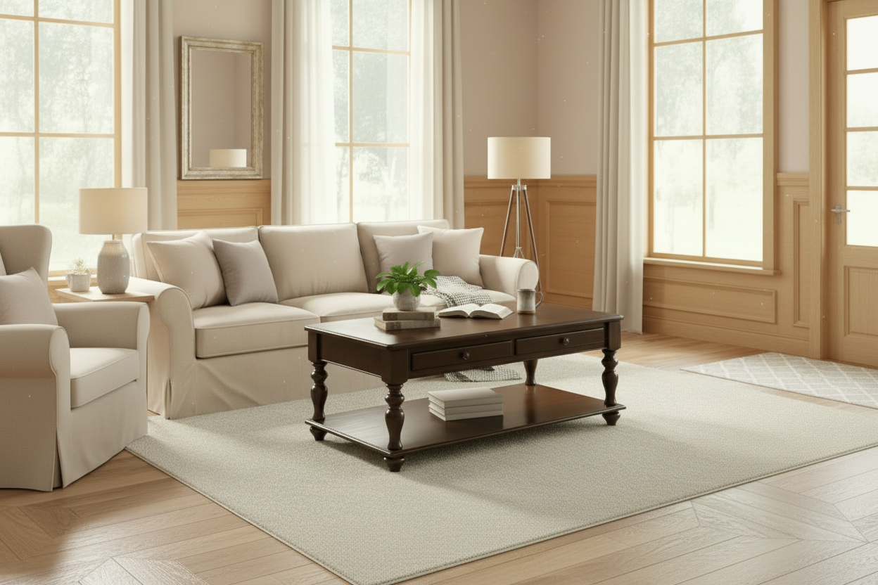 Wide angle living room with coffee table